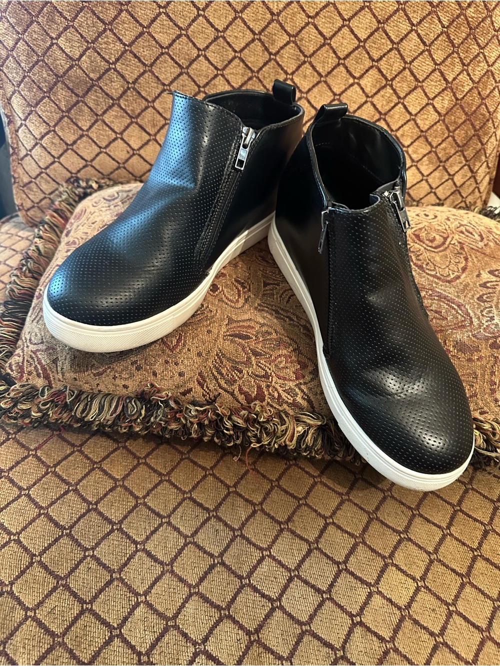 Time and Tru Black Perforated Slip-On Wedge Sneakers with White Sole